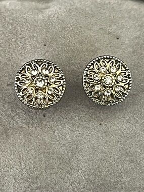 Intricate Floral Crystal Round Stud Earrings - Gold Tone